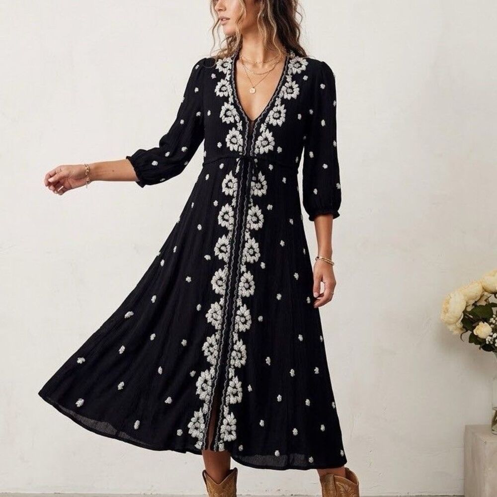 Free People Fable Midi Dress XS Black White Embroidered Floral Gauze Whimsigoth
